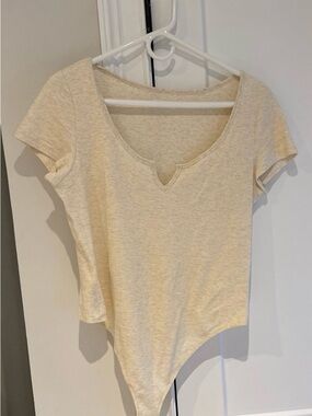 aerie Cream Short Sleeve Scoop-Notch Bodysuit